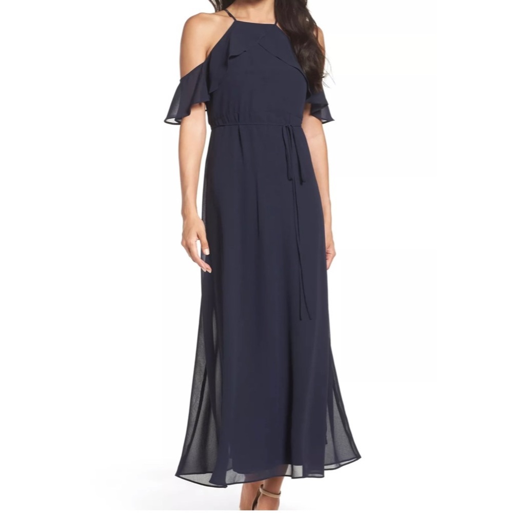 Navy Blue Womens Ruffle Cold Shoulder Sheath Dress